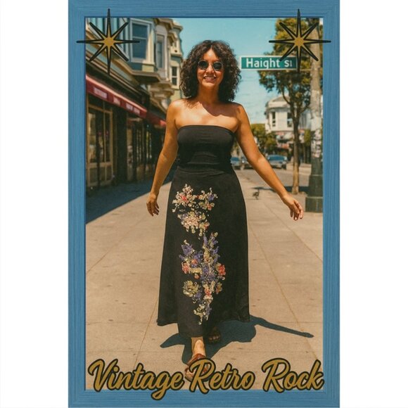 ZiZi Vintage Floral Embroidered 70s Maxi Skirt Long Black Retro Women Party XS - Picture 1 of 7